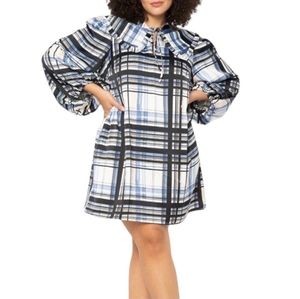 Eloquii Dress Blue Plaid Puff Sleeve Collared School Girl Whimsical Dress sz 28